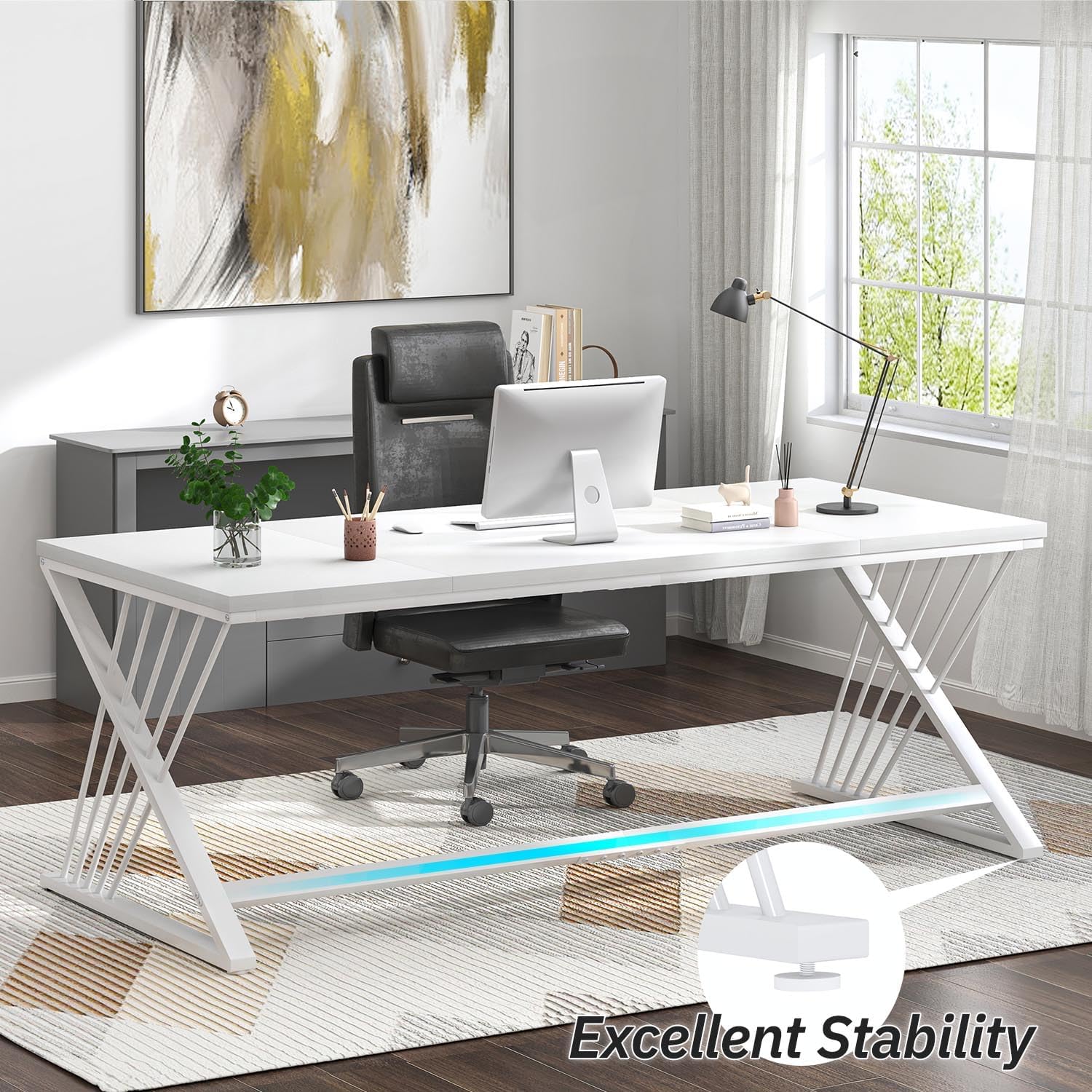 FOLUBAN 70.9' Modern Computer Desk with Z-Shaped Legs, Industrial Executive Home Office Desk for 2 Person, Large Writing Study Table for Bedroom, Gaming Workstation, White