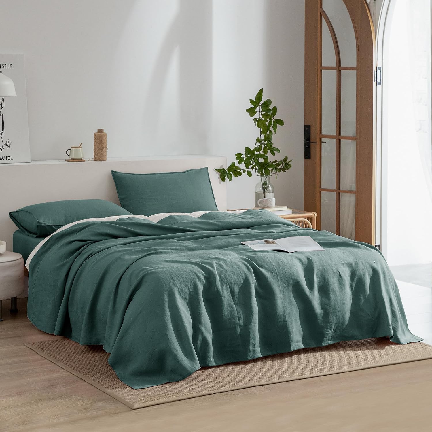 EVERLY Linen Sheets Set Twin Size,100% French Stonewash Pure Linen Sheets Set,3Pieces (1Flat Sheet,1Fitted Sheet,1Pillowcase) Suitable for Hot Sleepers,Deep Pocket Bedding Set-Aqua