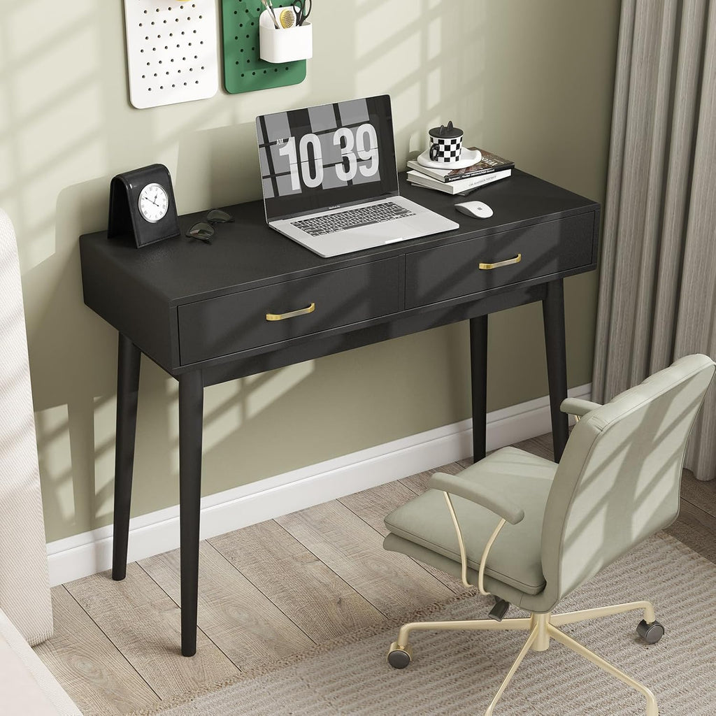 FUNKOCO Small Black Desk with Drawers - 40 Inch Home Office Study Writing Desk for Bedroom, Vanity Desk with 4 Solid Legs, Modern Computer Desk for Small Spaces (Balck)