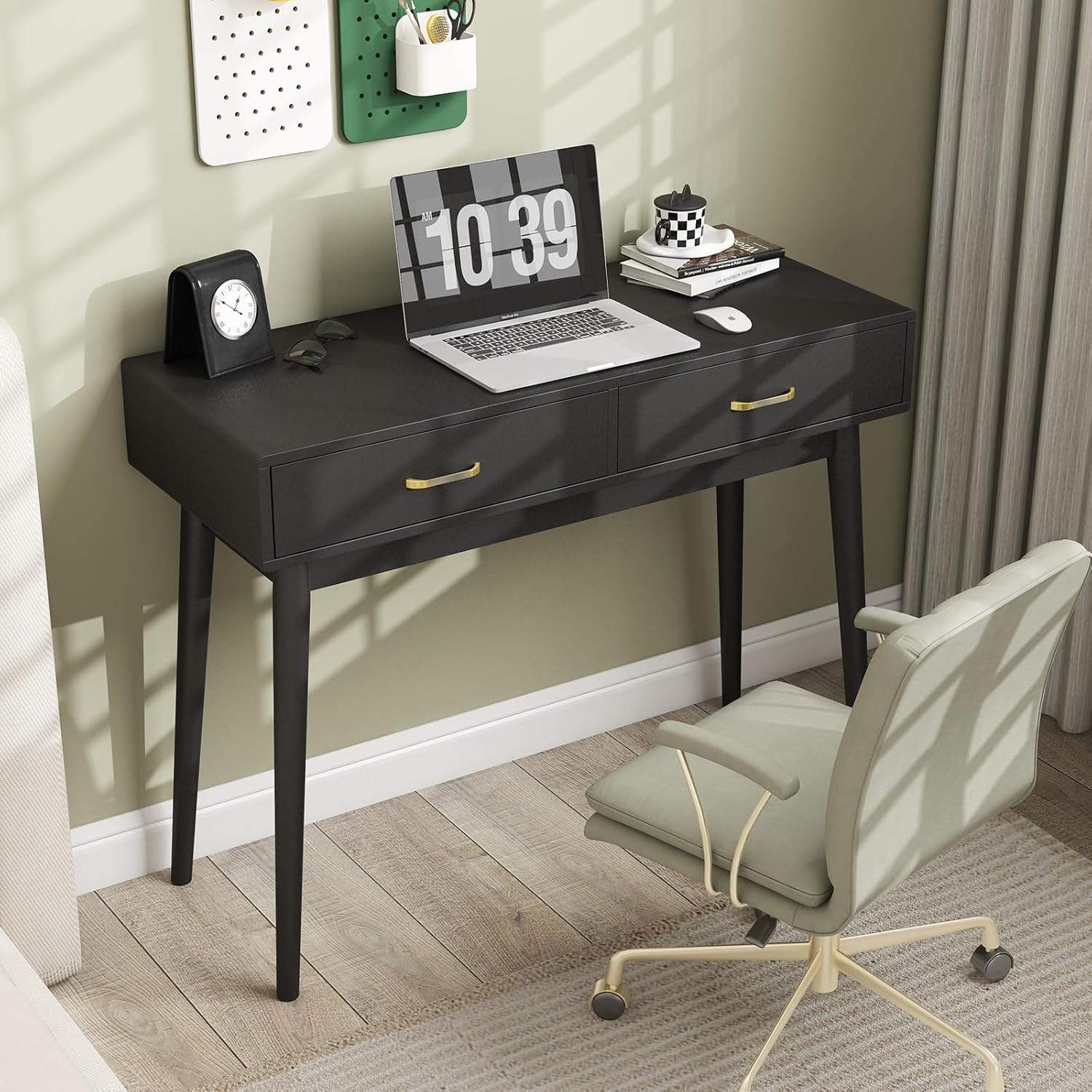 FUNKOCO Small Black Desk with Drawers - 40 Inch Home Office Study Writing Desk for Bedroom, Vanity Desk with 4 Solid Legs, Modern Computer Desk for Small Spaces (Balck)