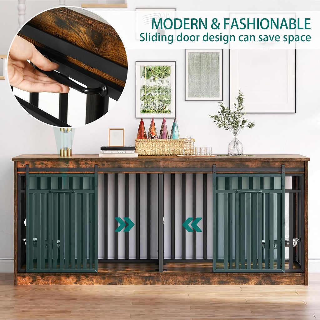 YITAHOME 71' Double Dog Crate Furniture with 4 Dog Bowls, Heavy Duty Wooden Dog Crate TV Stand, Dog Kennel Indoor Furniture Sliding Barn Door Design for Extra Large Dogs, Rustic Brown