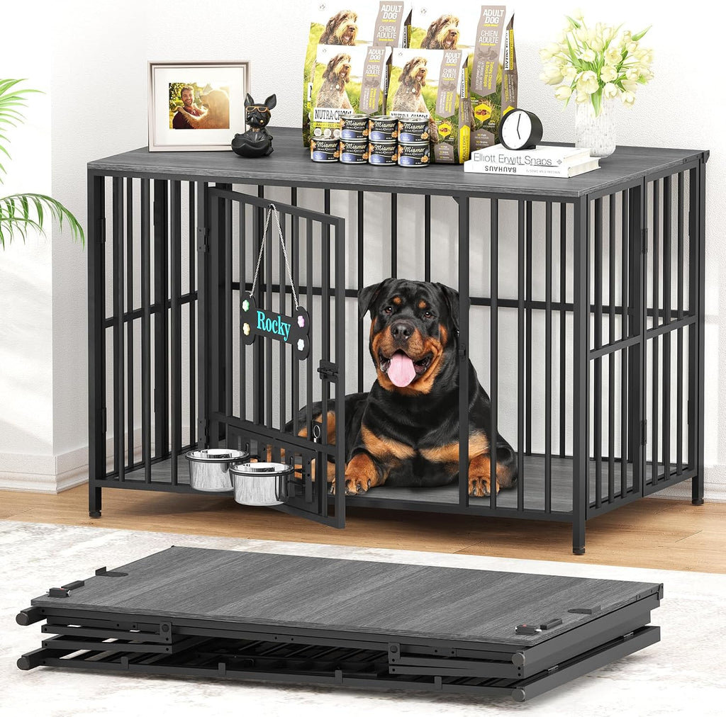 Easycom 43' Dog Crate Furniture Foldable, No Assembly Decorative Dog Kennel Indoor, XL Dog Crates for Large Dogs (60-80 lbs), Wooden Dog Cage with Adjustable Bowls and Name Tag, Dark Grey