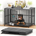 Easycom 43' Dog Crate Furniture Foldable, No Assembly Decorative Dog Kennel Indoor, XL Dog Crates for Large Dogs (60-80 lbs), Wooden Dog Cage with Adjustable Bowls and Name Tag, Dark Grey