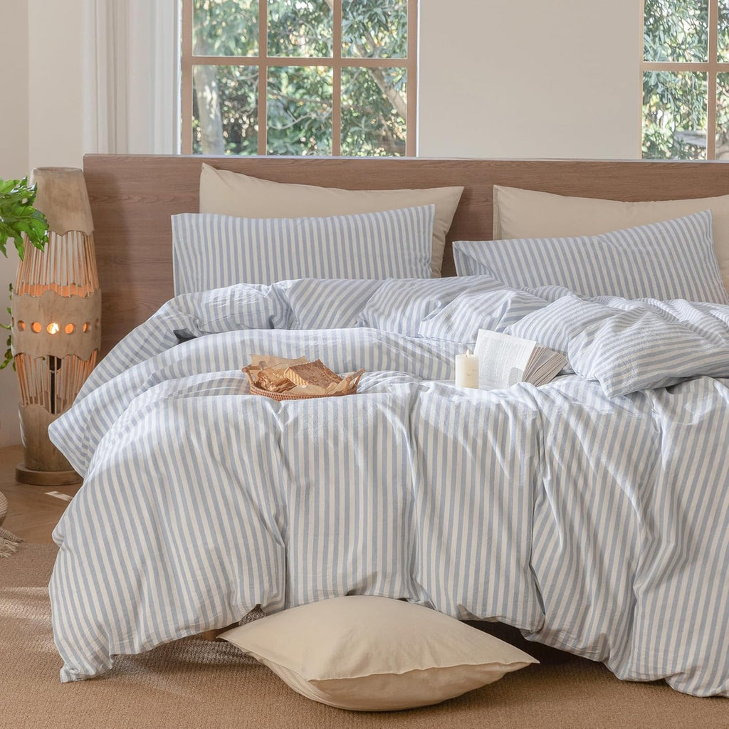 MooMee Striped Duvet Cover Set 100% Washed Cotton Linen Like Textured Breathable Durable Soft Comfy (Cornflower Blue White Classic Stripes, Palatial King/Oversized King 120'x98')