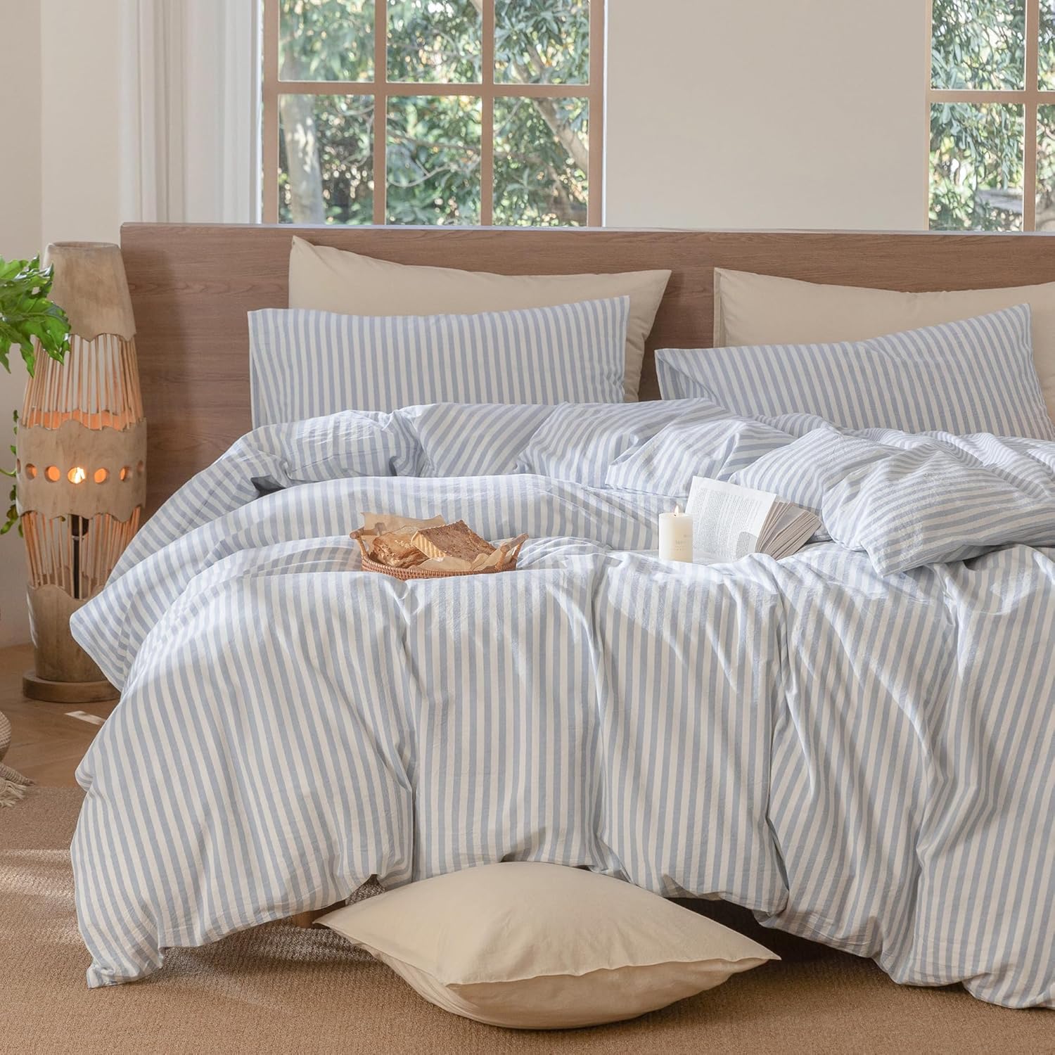 MooMee Striped Duvet Cover Set 100% Washed Cotton Linen Like Textured Breathable Durable Soft Comfy (Cornflower Blue White Classic Stripes, Palatial King/Oversized King 120'x98')