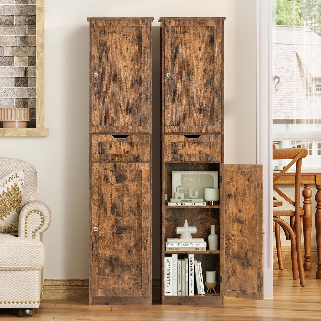 Iwell 67' Tall Storage Cabinet, Bathroom Cabinet with Drawer & Adjustable Shelves, Narrow Storage Cabinet, Floor Cabinet for Living Room, Home Office, Rustic Brown