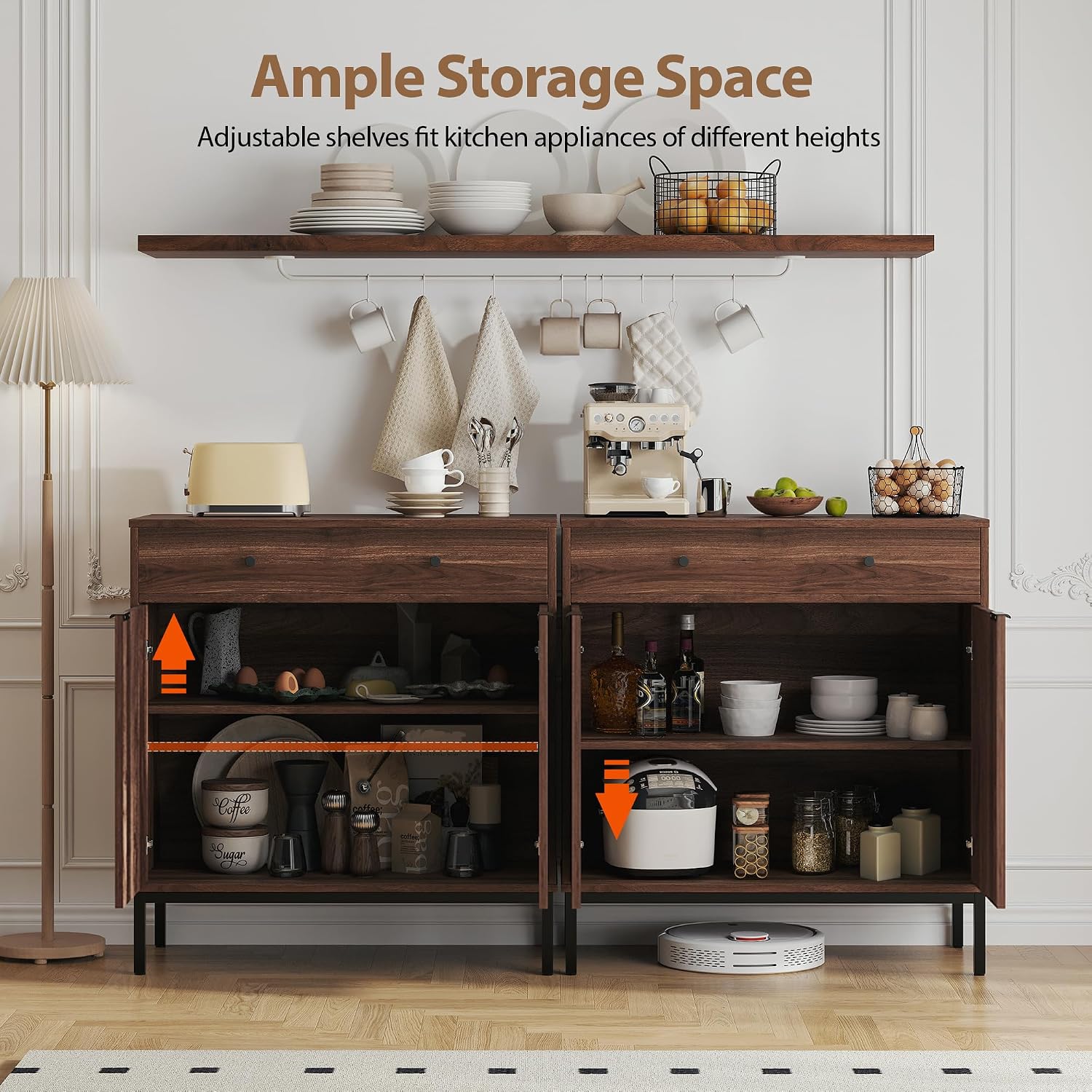 Mericonia Farmhouse Buffet Sideboard Cabinet with Storage, Fluted Coffee Bar with Doors and Adjustable Shelves, Modern Wood Console Cabinet for Kitchen, Livingroom (Fluted 2 Door, Walnut)