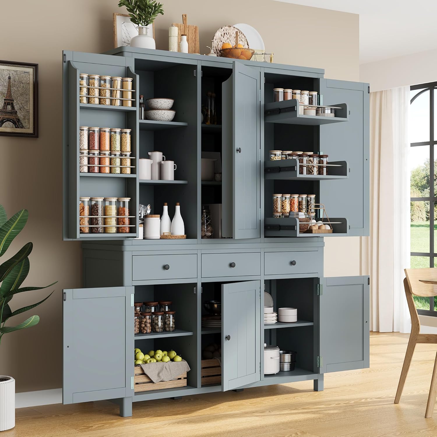 Farmhouse 74.8''H High Freestanding Kitchen Pantry, 53''Lx20''W Wooden Large Cupboard Storage Cabinet with Door Shelves, Adjustable Shelves, Pull-Out Trays and Drawers (Gray-6ds)