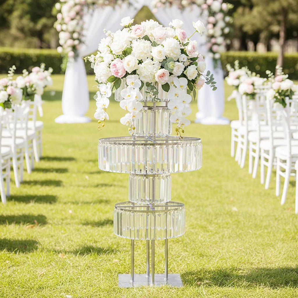 5-Tier Crystal Silver Vase for Centerpiece - Large Wedding Decor Flower Stand, Metal Chandelier Stand with K9 Crystal Pendants, Elegant Flower Display Rack for Party Event Home Wedding Decor (Silver)