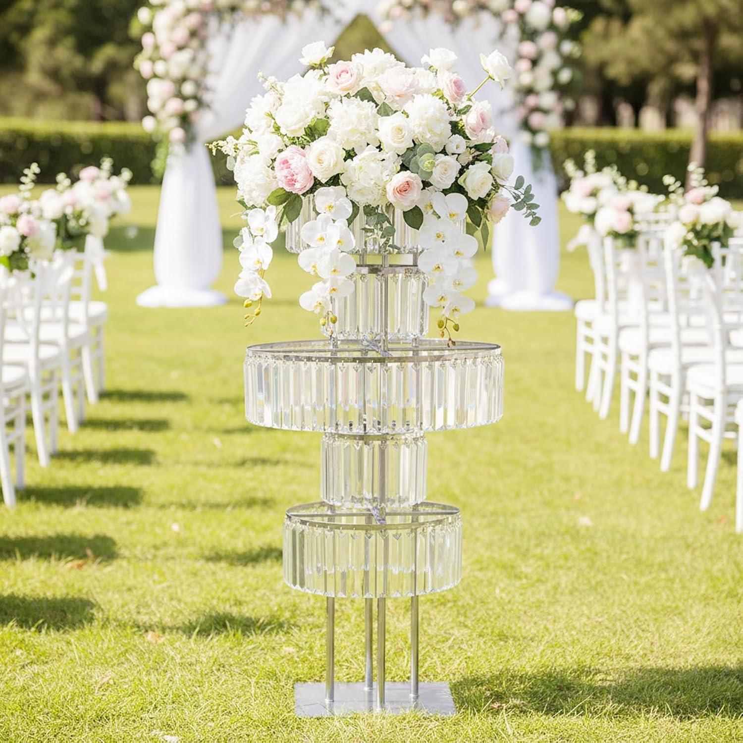 5-Tier Crystal Silver Vase for Centerpiece - Large Wedding Decor Flower Stand, Metal Chandelier Stand with K9 Crystal Pendants, Elegant Flower Display Rack for Party Event Home Wedding Decor (Silver)