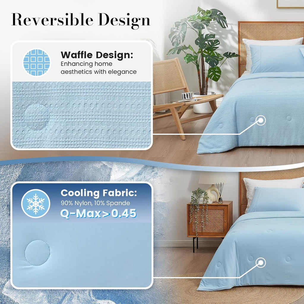 Amélie Home Waffle Cooling Comforter King Size, Q-Max 0.45 Reversible Lightweight Cooling Blanket for Hot Sleepers, Breathable Bedding for Night Sweats, 106'x90', Sky Blue