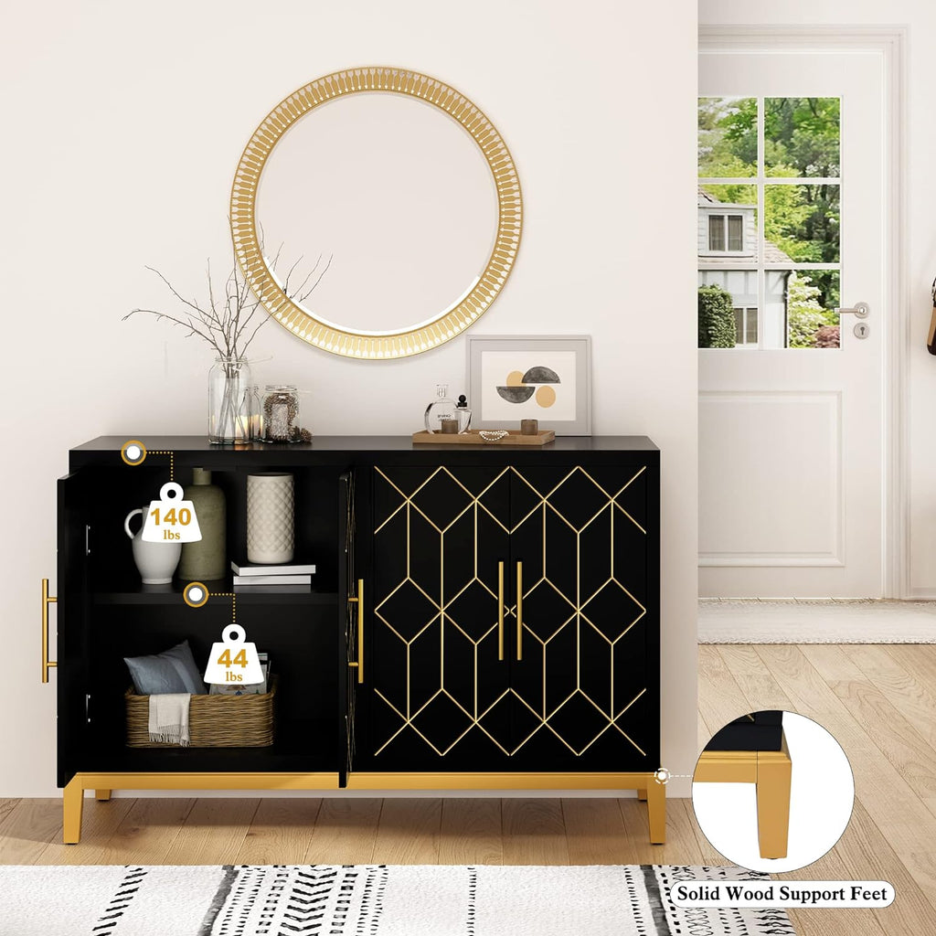 HLR Accent Cabinet with 4 Doors&Shelves, Sideboard Buffet Cabinet with Gold Trim, Modern Black Storage for Living Room, Entryway, Kitchen, Dining Room, Hallway