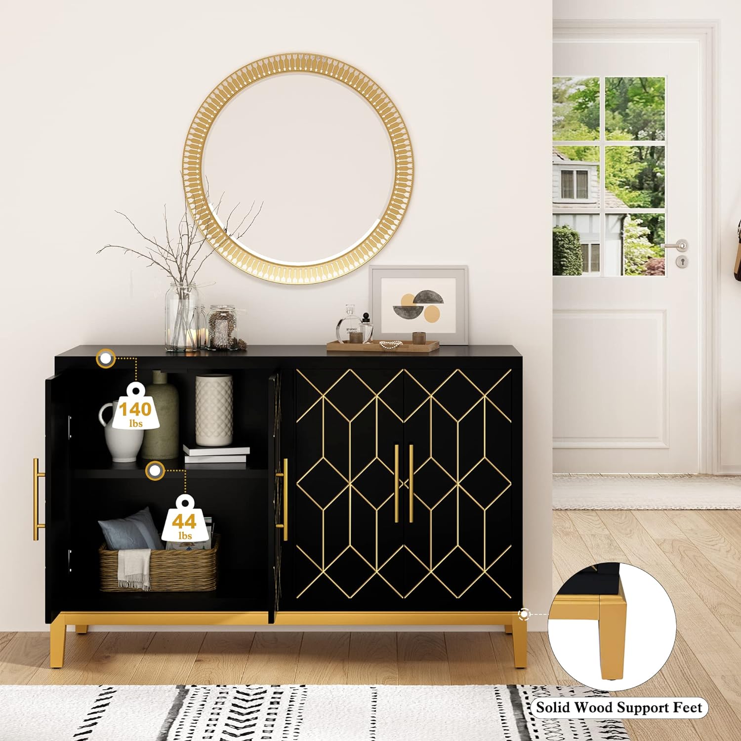 HLR Accent Cabinet with 4 Doors&Shelves, Sideboard Buffet Cabinet with Gold Trim, Modern Black Storage for Living Room, Entryway, Kitchen, Dining Room, Hallway