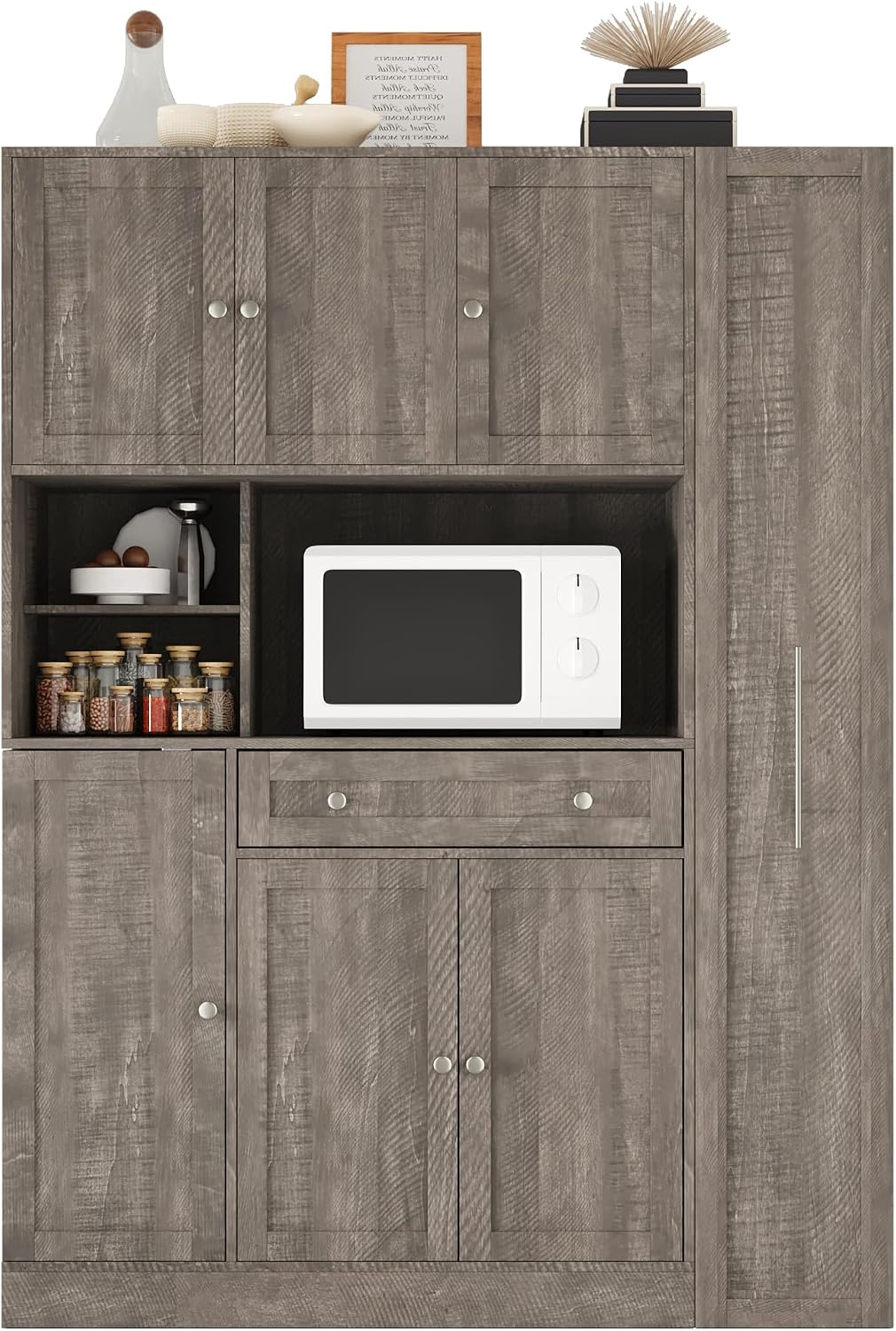 Modern 70inch Kitchen Pantry Storage Cabinet Cupboard with Hutch, Freestanding Buffet with Pull-Out Side Cabinet and Drawer for Living Room, Kitchen (Brown-99a)