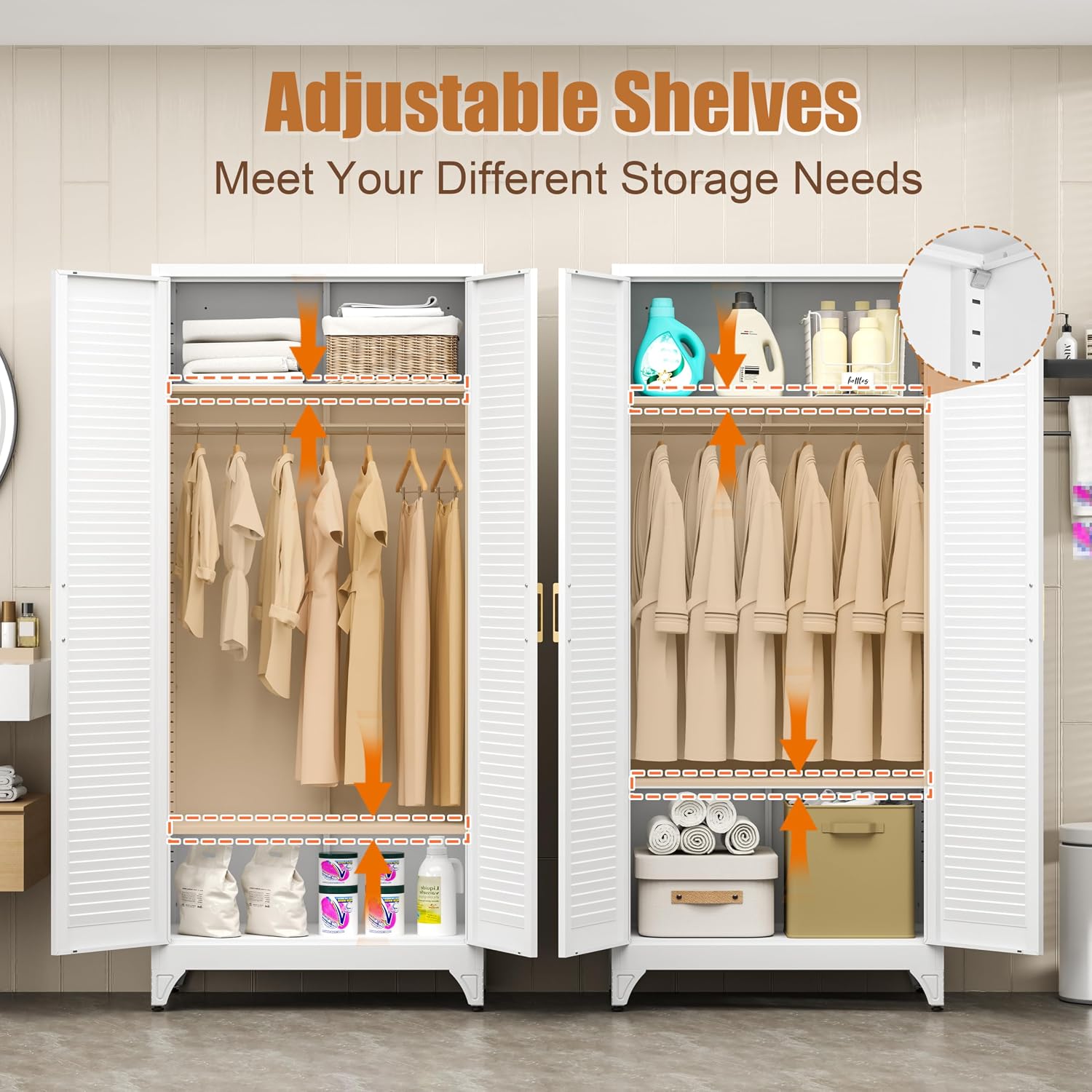 Armoire Wardrobe Closet, 71' Tall Metal Storage Cabinet with Louvered Doors and Adjustable Shelves, Clothes Wardrobe Cabinet with Hanging Rod, White Armoire, Steel Closet for Bedroom, Office