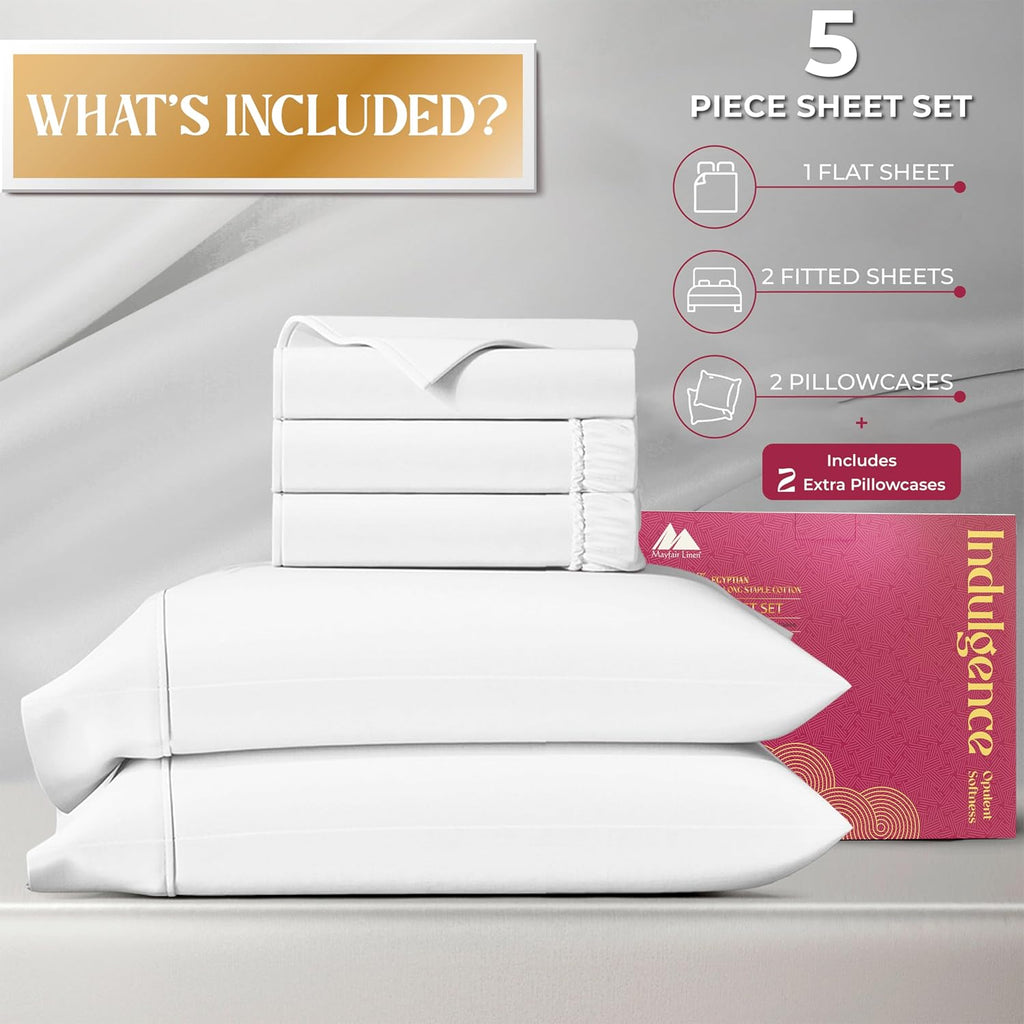 Mayfair Linen 100% Egyptian Cotton Damask Sheets King Size Bed Set - 1200 Series Luxury Egyptian Cotton King Sheet Set (4 PC, White Stripe), Silky Soft, Cooling, Sateen Weave, 17' Deep Pocket Bedsheet