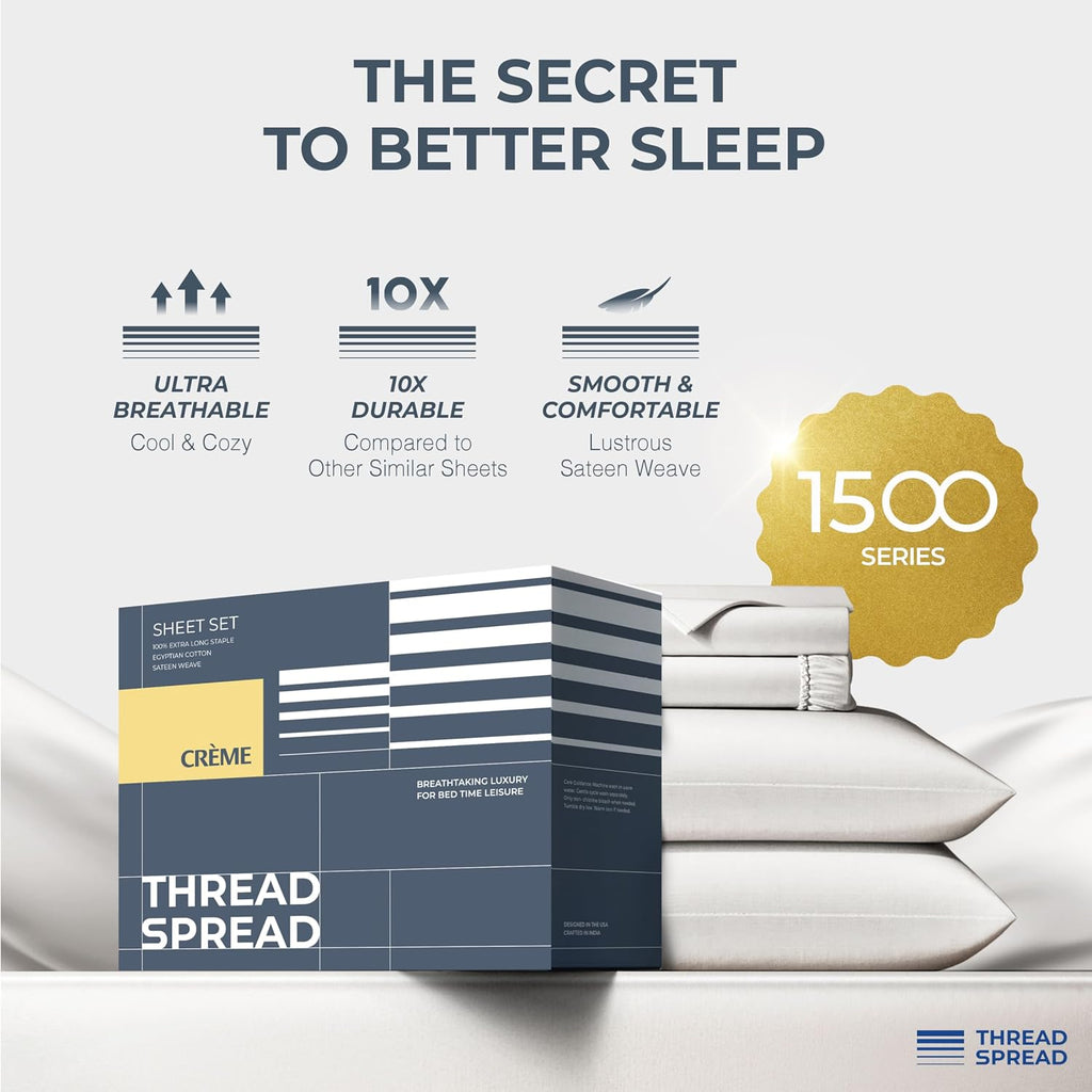 THREAD SPREAD 100% Egyptian Cotton Sheets Queen Size - Luxury 1500 Series Queen Sheet Set Egyptian Cotton (4 PC, Light Grey), Silky Soft, Sateen Weave, Cooling & Breathable, 17' Deep Pocket Bed Set