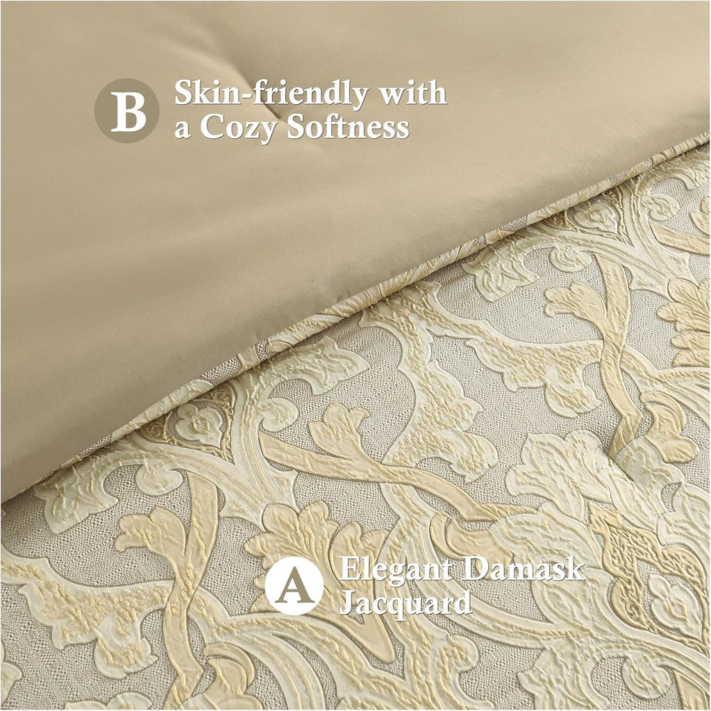 Finlonte Queen Size Comforter Set, Champagne Beige, 7 Piece Bed in a Bag for All Seasons, Luxury Vintage Floral Jacquard Damask Patchwork, Soft Bedding Sets with Bedskirt, Shams and Decor Pillows