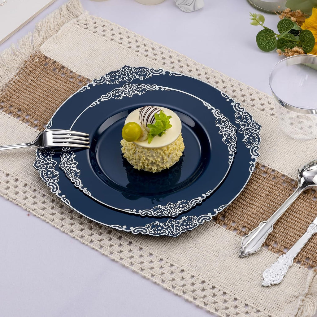 Bestluck 700PCS Navy Blue Plastic Plates for 100 Guests, Disposable Plates with Silver Trim include 100 Dinner plates, 100 Dessert Plates, 100 Gold Silverware, Cups and Napkins for Party, Graduation