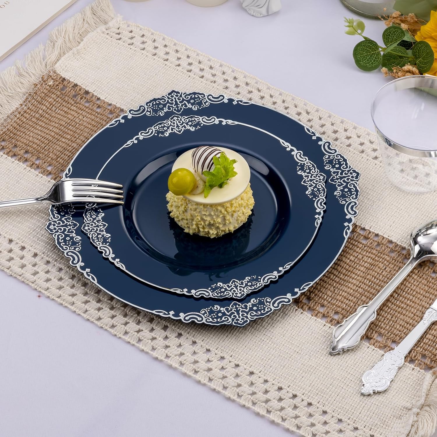 Bestluck 700PCS Navy Blue Plastic Plates for 100 Guests, Disposable Plates with Silver Trim include 100 Dinner plates, 100 Dessert Plates, 100 Gold Silverware, Cups and Napkins for Party, Graduation