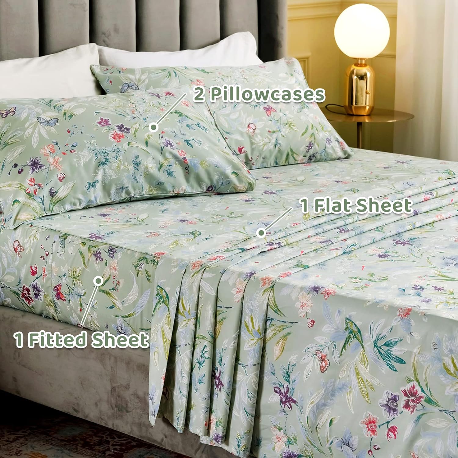 QSH Floral King Size Sheet Sets - Green Flower Bird Butterfly Print Botanical Bedding Egyptian Cotton Printed Sheets King Size Bed Extra Soft and Breathable 17.5' Deep Pockets Bed Sheets 4pcs
