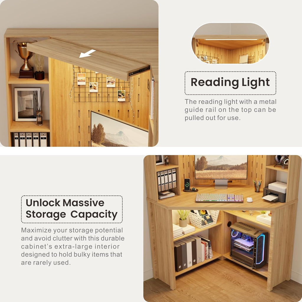 Corner Desk with - LED Reading Light, L-Shaped Computer Desk w/Hutch & Shelves, Home Office Desk w/Charging Station for Work & Study, File Cabinet Storage Bookshelf for Small Space (Natural)