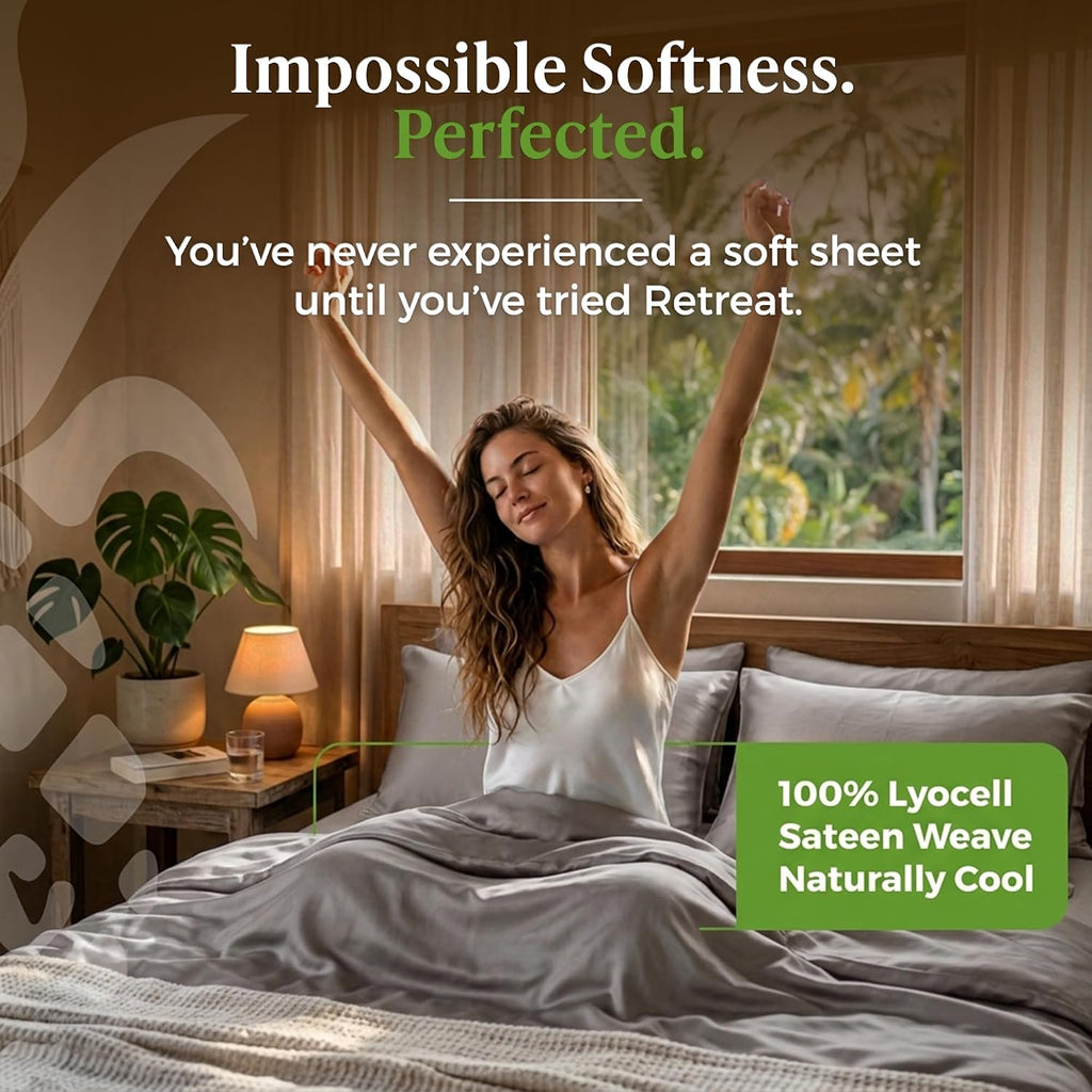 Cariloha Retreat 4-Piece Sateen Sheet Set | Coastal Gray | Queen | Lyocell Material | Breathable, Corner Straps, Extra Soft & Cooling