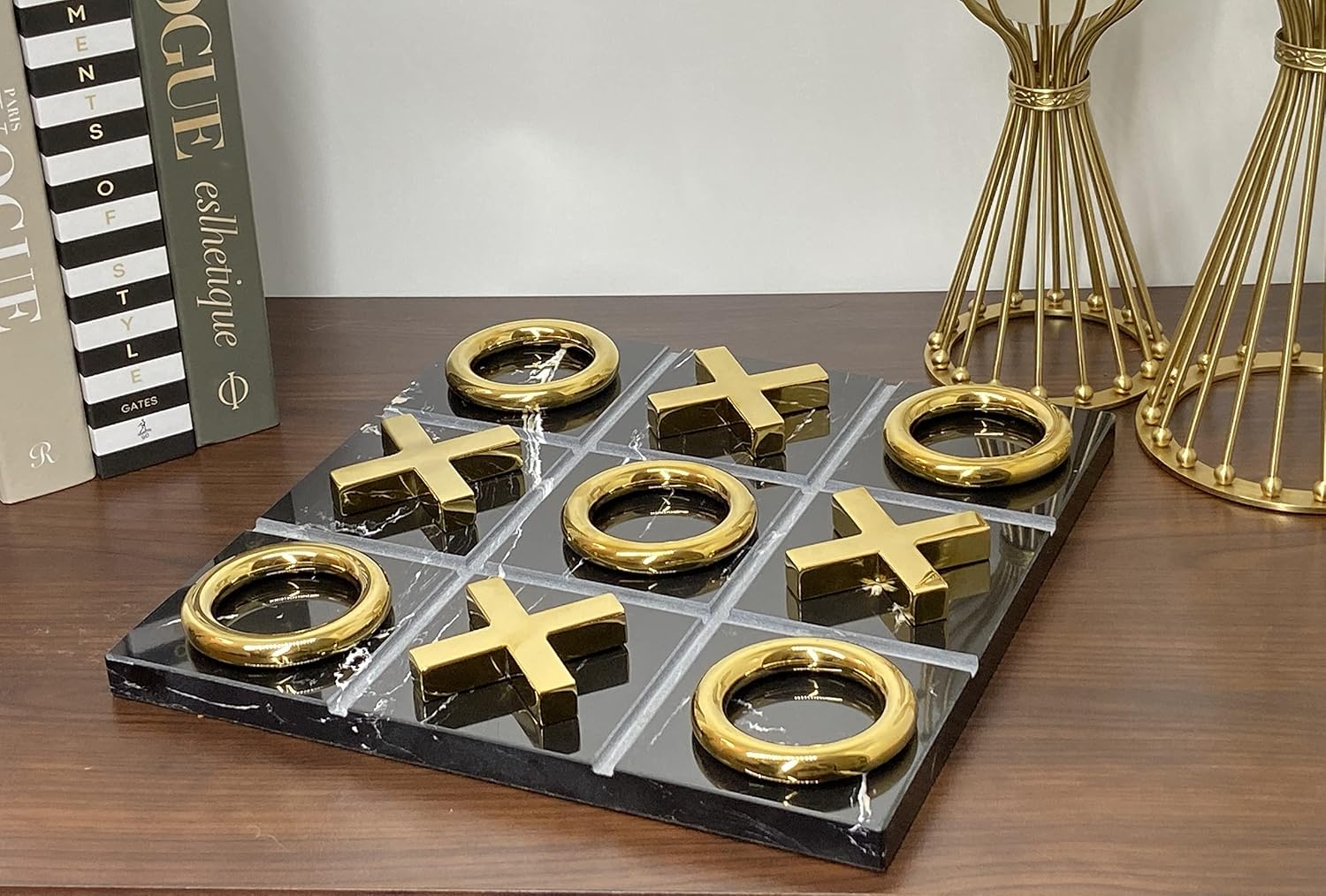 Marble Tic Tac Toe Game for Living Room Decor Centerpiece Black and Gold XO with Black Marble and Gold Color Stainless Steel Decorative Table Top X/O Board Coffee Table Décor