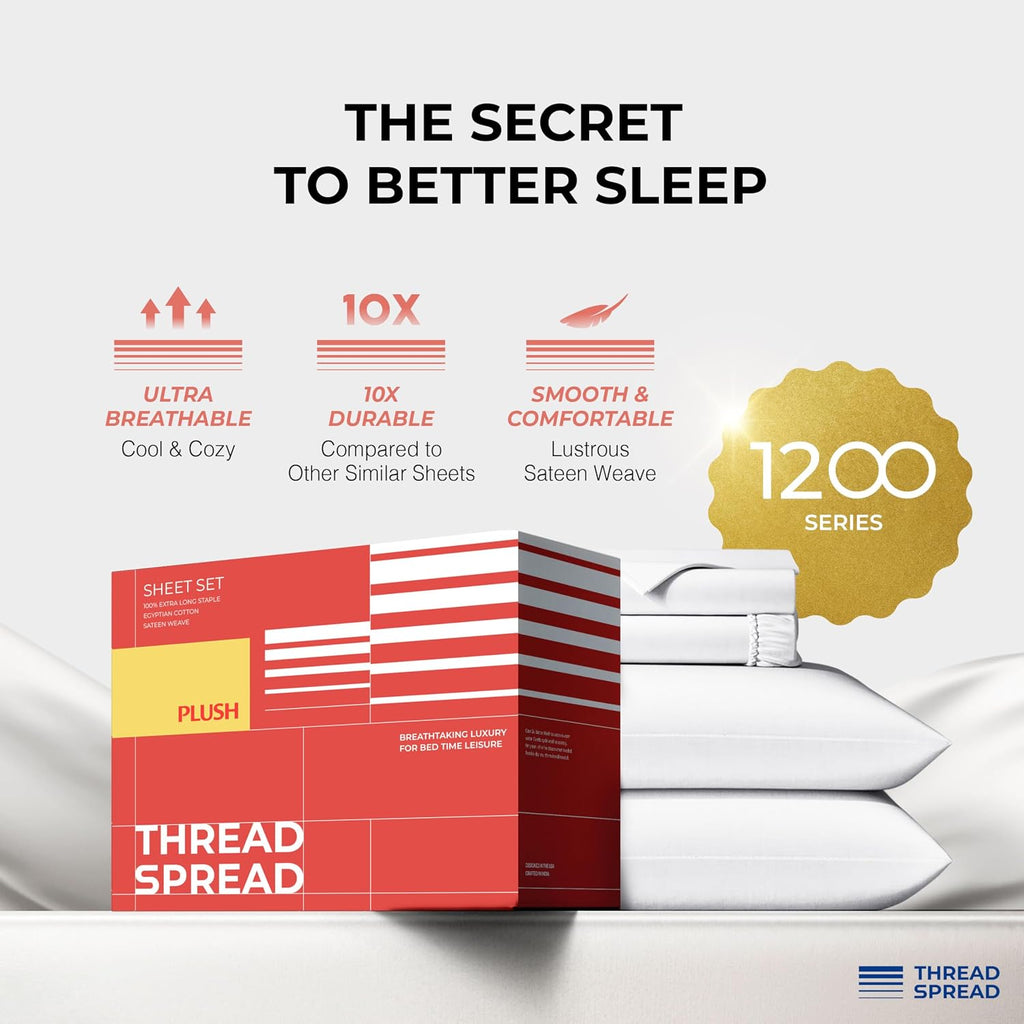 THREAD SPREAD 100% Egyptian Cotton Queen Size Sheet Set Pack of 2 - Luxury 1200 Series Plush Collection Egyptian Cotton Sheets Queen Size Silky Soft Cooling, Sateen 17' Deep Pocket Bedsheets - White