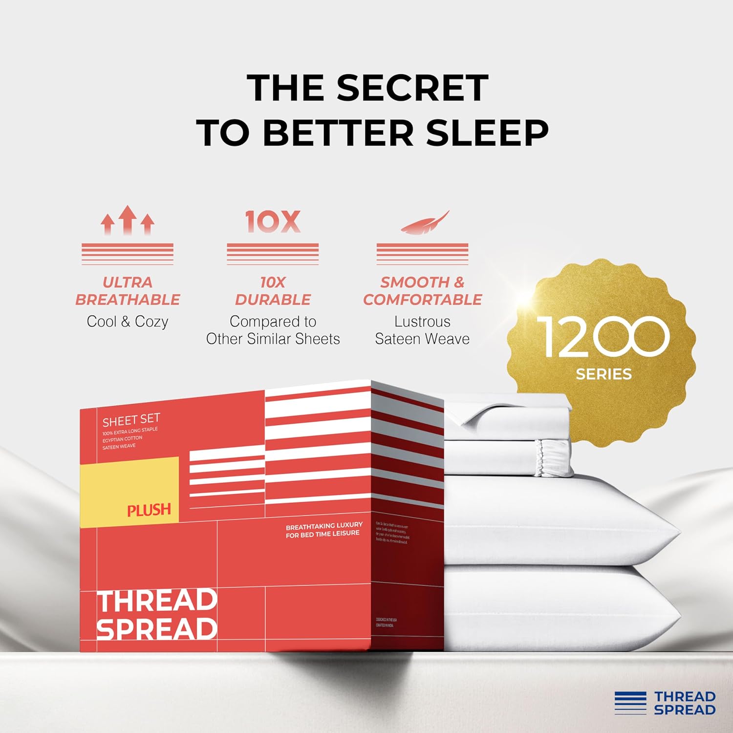 THREAD SPREAD 100% Egyptian Cotton King Size Sheets Set - Luxury 1200 Series Plush Collection Egyptian Cotton Sheets King Size (4 PC, White), Silky Soft, Cooling, 17' Deep Pocket Bed Set