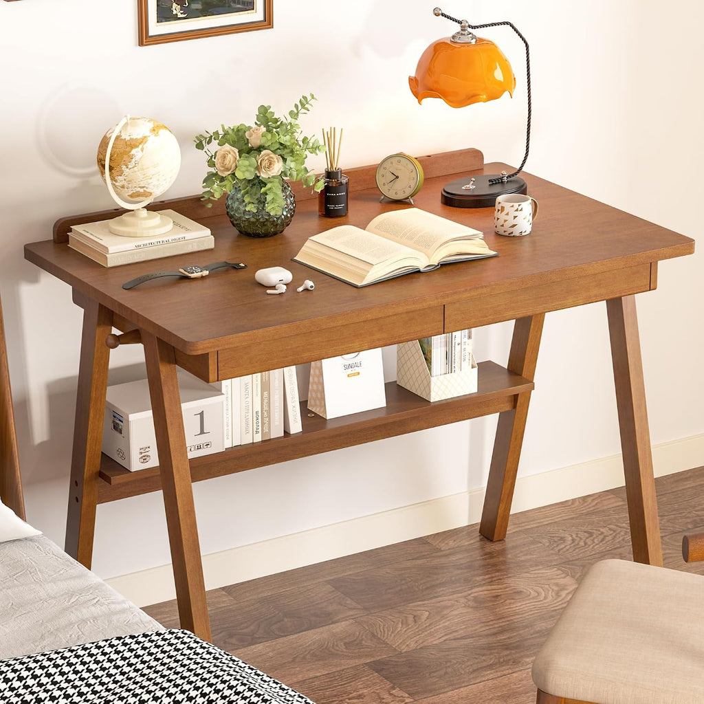 100% Solid Wood Desk with Drawers & Storage Shelf - 40 x 24 Inch Mid Century Modern Desks, Vintage Writing Desk with Deeper Desktop, Home Office Computer Desks for Bedroom & Home-Walnut Color