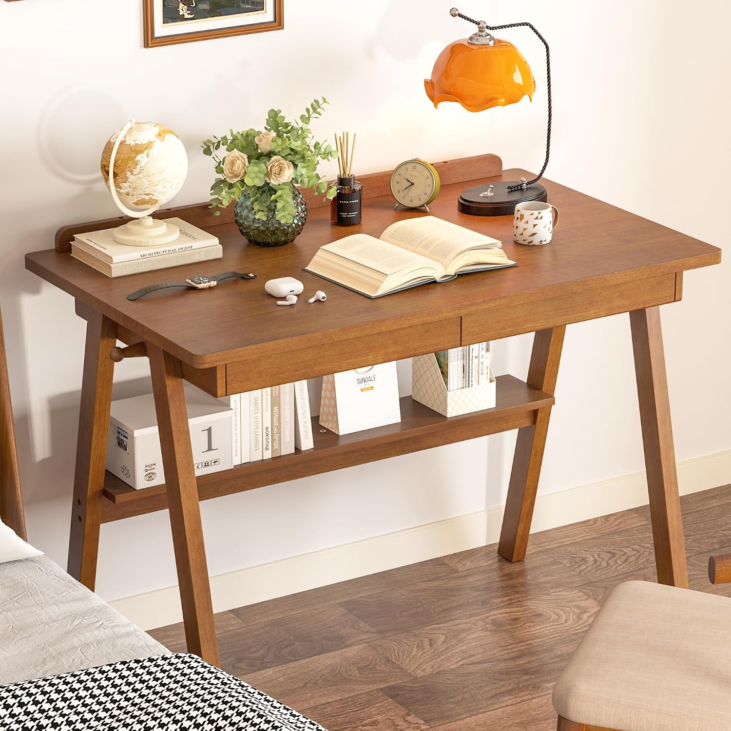 100% Solid Wood Desk with Drawers & Storage Shelf - 40 x 24 Inch Mid Century Modern Desks, Vintage Writing Desk with Deeper Desktop, Home Office Computer Desks for Bedroom & Home-Walnut Color