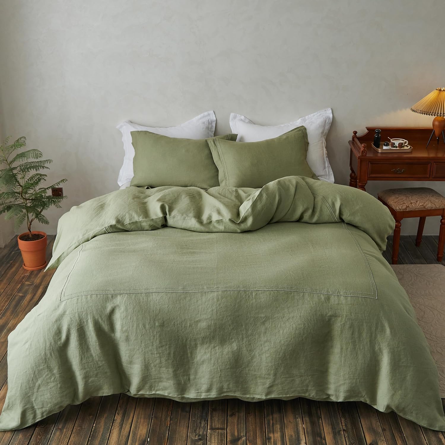 Simple&Opulence 100% Washed Linen Duvet Cover Set 88'x92' - 3 Pieces Soft Farmhouse Comforter Set Double Embroidered with Button Closure - 1 Duvet Cover and 2 Pillowshams (Sage Green, Queen)
