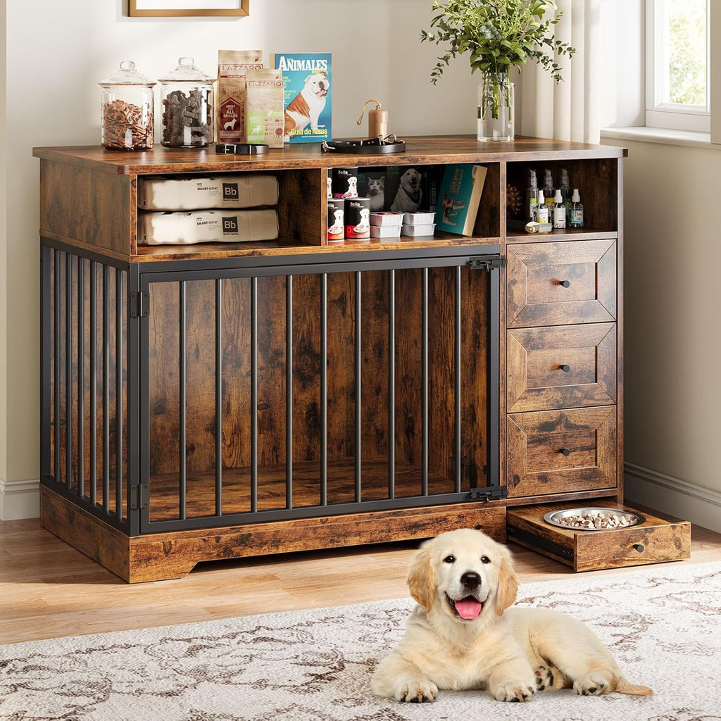 GarveeLife 48'' Dog Crate Furniture, Farmhouse Heavy Duty Dog Kennel with Bowl & Storage Drawers, Medium Dog Cage End Table for Small Medium Dogs, Retro Brown