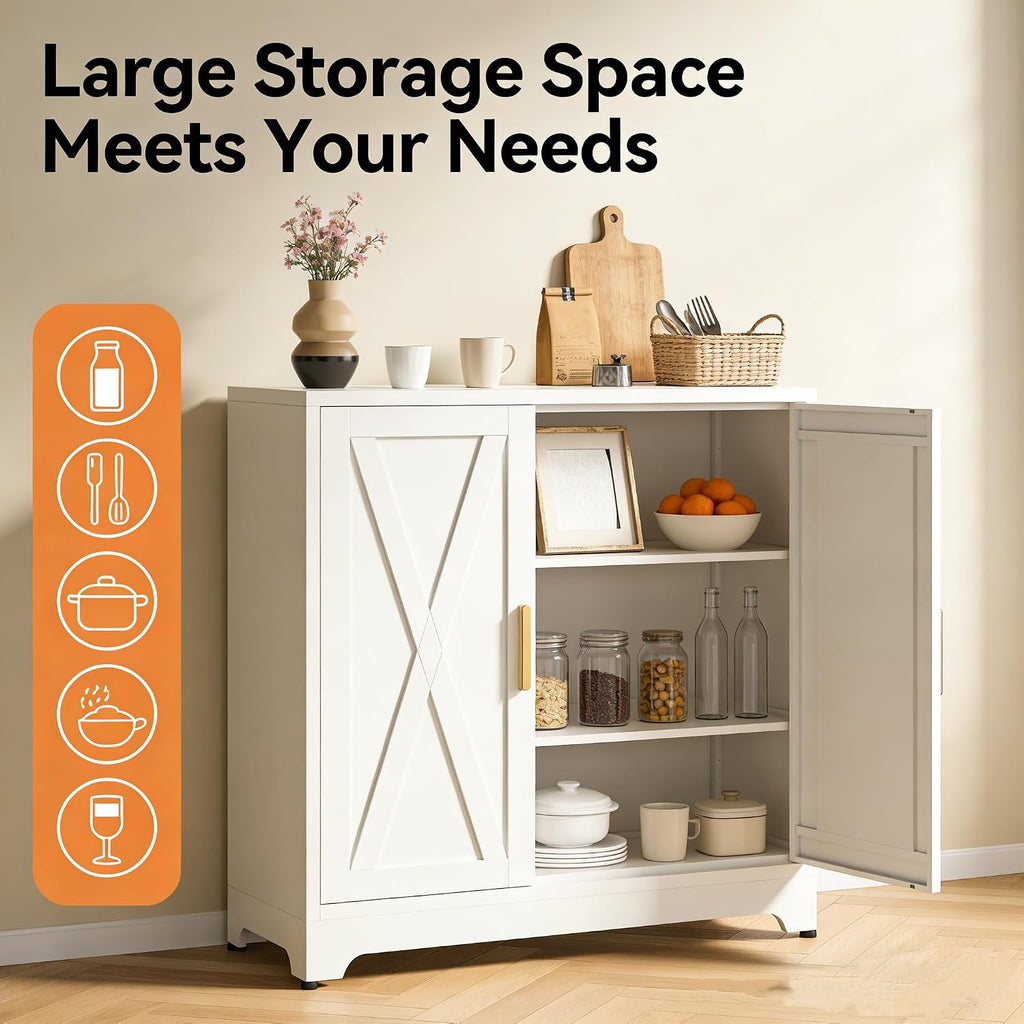 Metal Locker Cabinet, White Farmhouse Storage Cabinets with 2 Doors and Adjustable Shelves, 3 Tier Modern Storage Freestanding Sideboard for Living Room,School,Office Home Kitchen