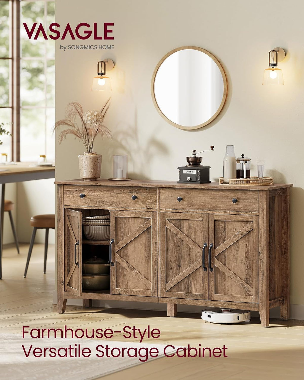 VASAGLE LIRY Collection - Buffet Cabinet, Coffee Bar Cabinet with 2 Drawers, Adjustable Shelves, Sideboard Storage with Cable Holes, Drawer Dividers, Honey Brown UBBK381K01