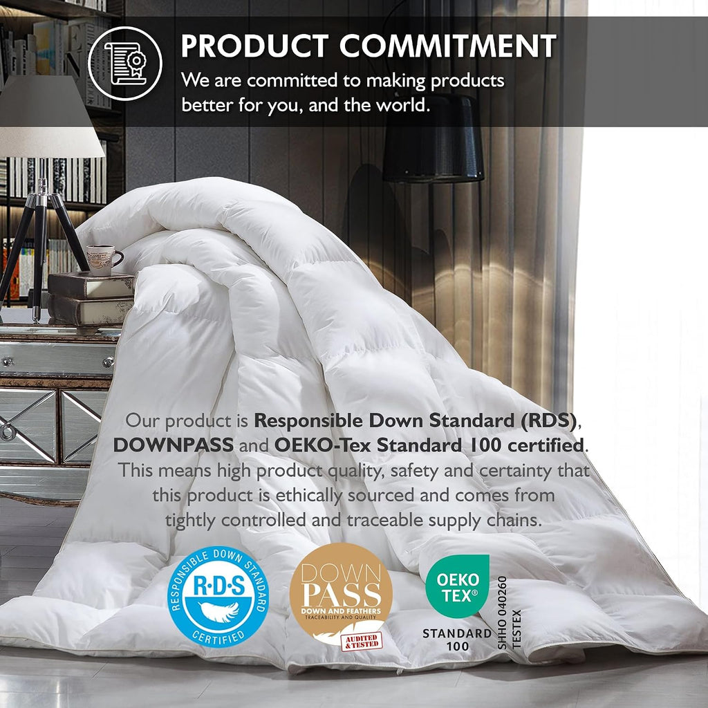 Luxurious King/Oversized King 108' x 98' Size Goose Down Fiber Waterfowl Feather Fiber Comforter Duvet, 100% Egyptian Cotton Cover, 65 oz. Fill Weight, Baffle Box Design, White Solid