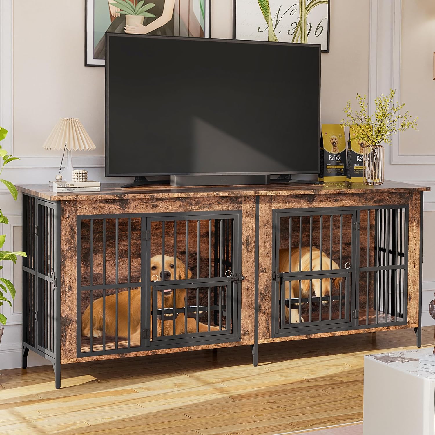 Grepatio 79' Double Dog Crate Furniture for 2 Dogs, Large Dog Kennel with 360° Rotating Feeder Bowls, Indoor Double Dogs Crates with 4 Doors, Wooden Dog Crate TV Stand with Removable Divider