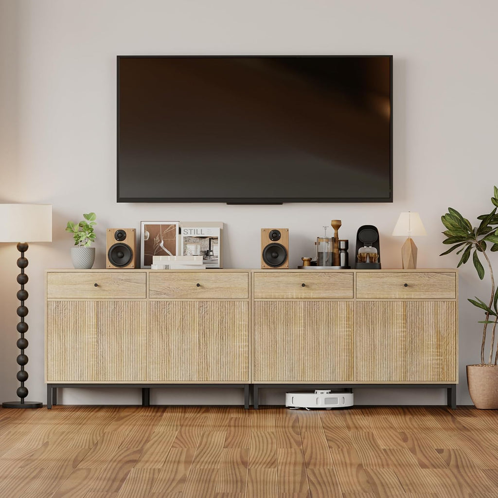 Mericonia Farmhouse Buffet Sideboard Cabinet with Storage, Fluted Coffee Bar with Doors and Adjustable Shelves, Modern Wood Console Cabinet with Drawers (4 Door, Natural 2 Drawer)