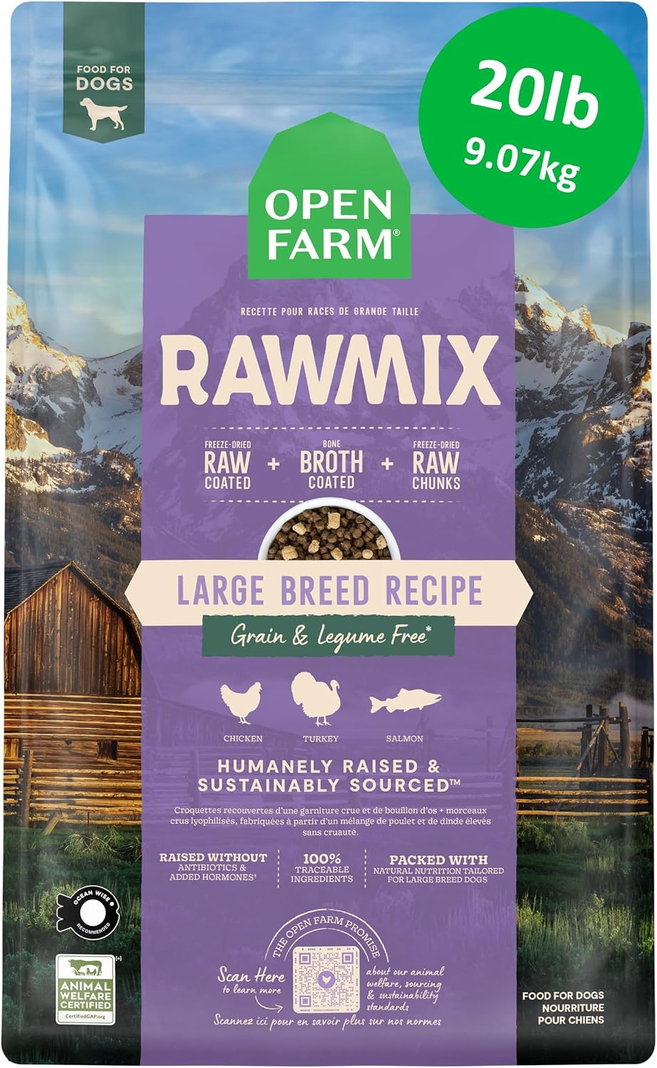 Open Farm, RawMix Grain-Free Dry Dog Food for Large Breeds, Protein-Packed Kibble Coated in Bone Broth with Freeze Dried Raw Chunks, Salmon Chicken & Turkey, Large Breed Recipe, 20lb Bag