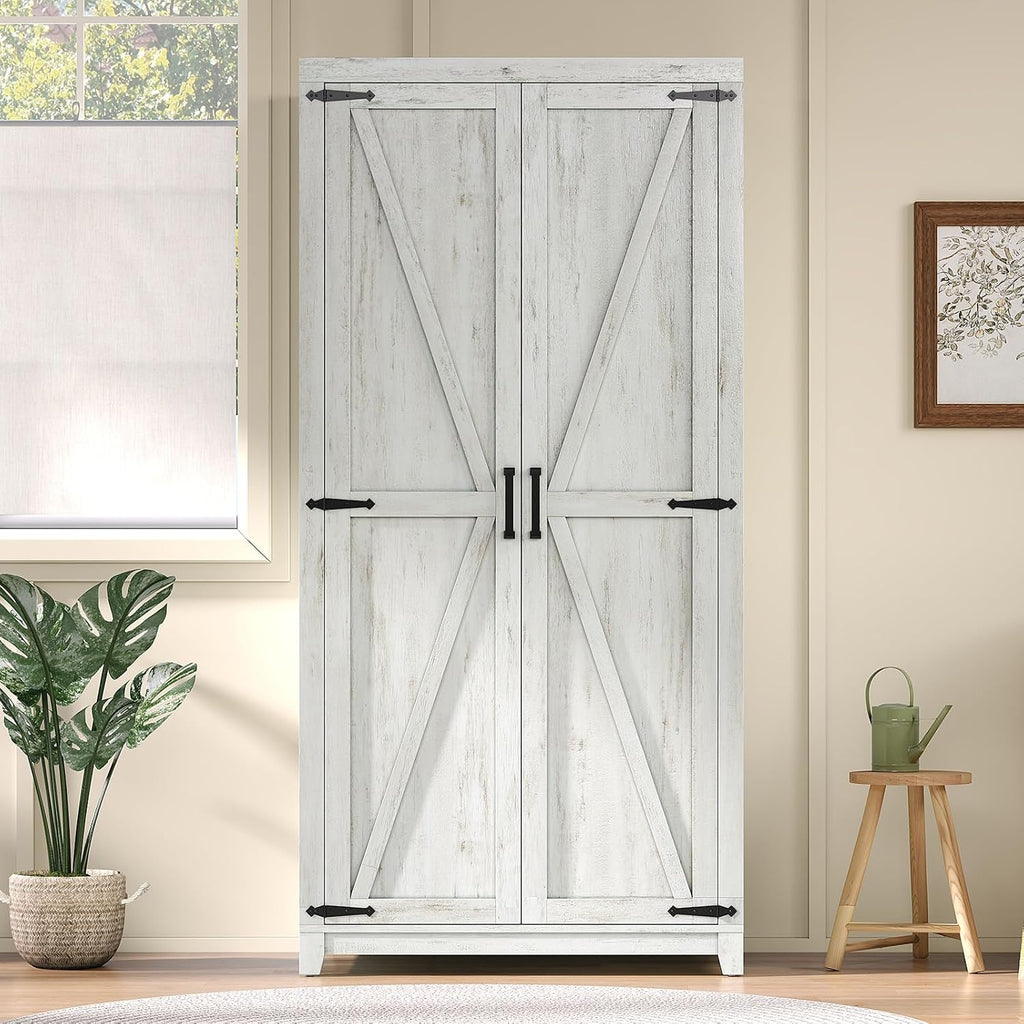 LUXOAK 70' Large Armoire Wardrobe Closet with Hanging Rod, Farmhouse Clothing Storage Cabinet with 2 Barn Doors, Wooden Tall Bedroom Armoires with Shelf, Distressed White