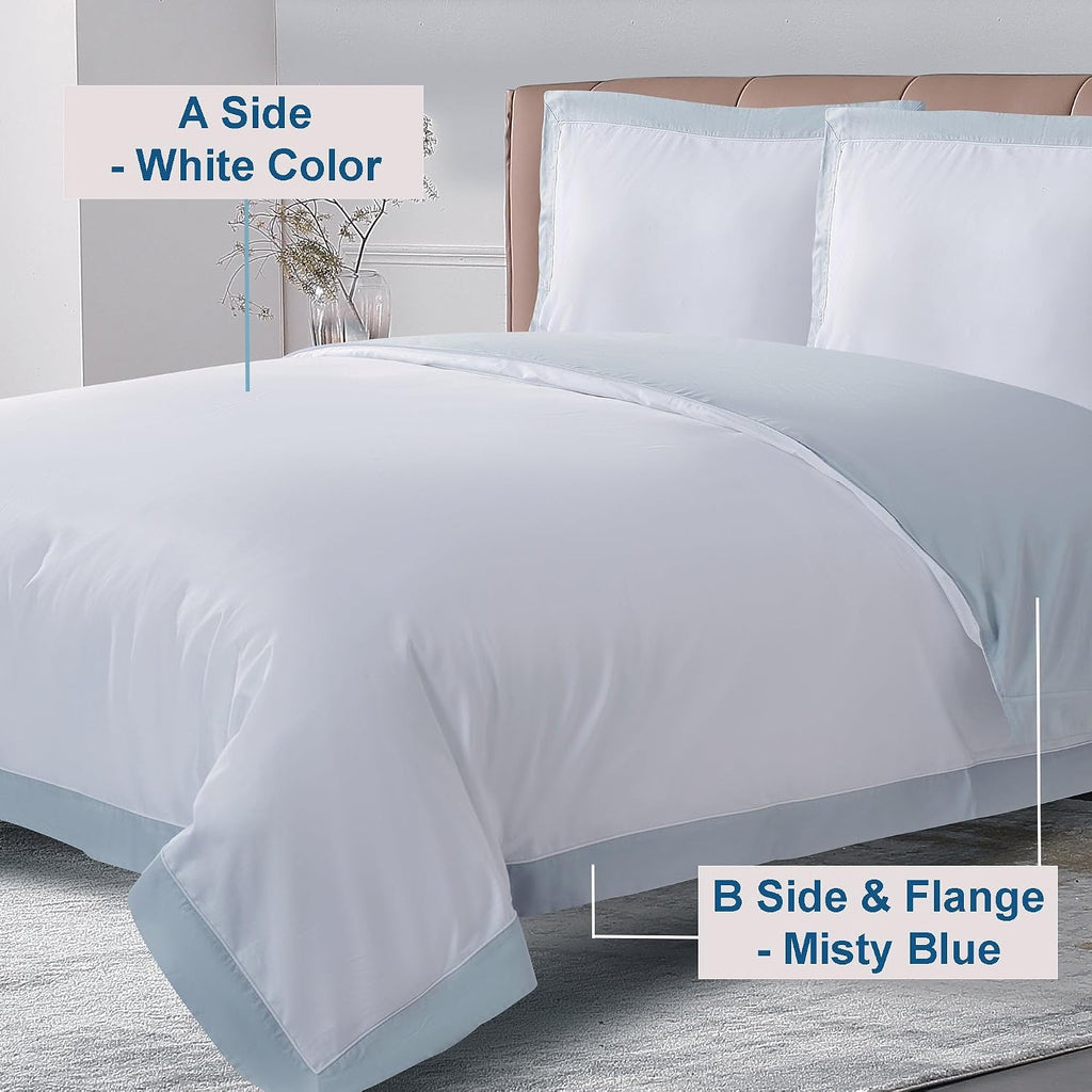 THE COTTON & SILK®️ 100% Luxury Long-Staple Cotton Duvet Cover Set - Soft & Breathable - Include 1 Duvet Cover (Corner Ties & Hidden Zipper), 2 Pillow Shams - White + Misty Blue, King/California King