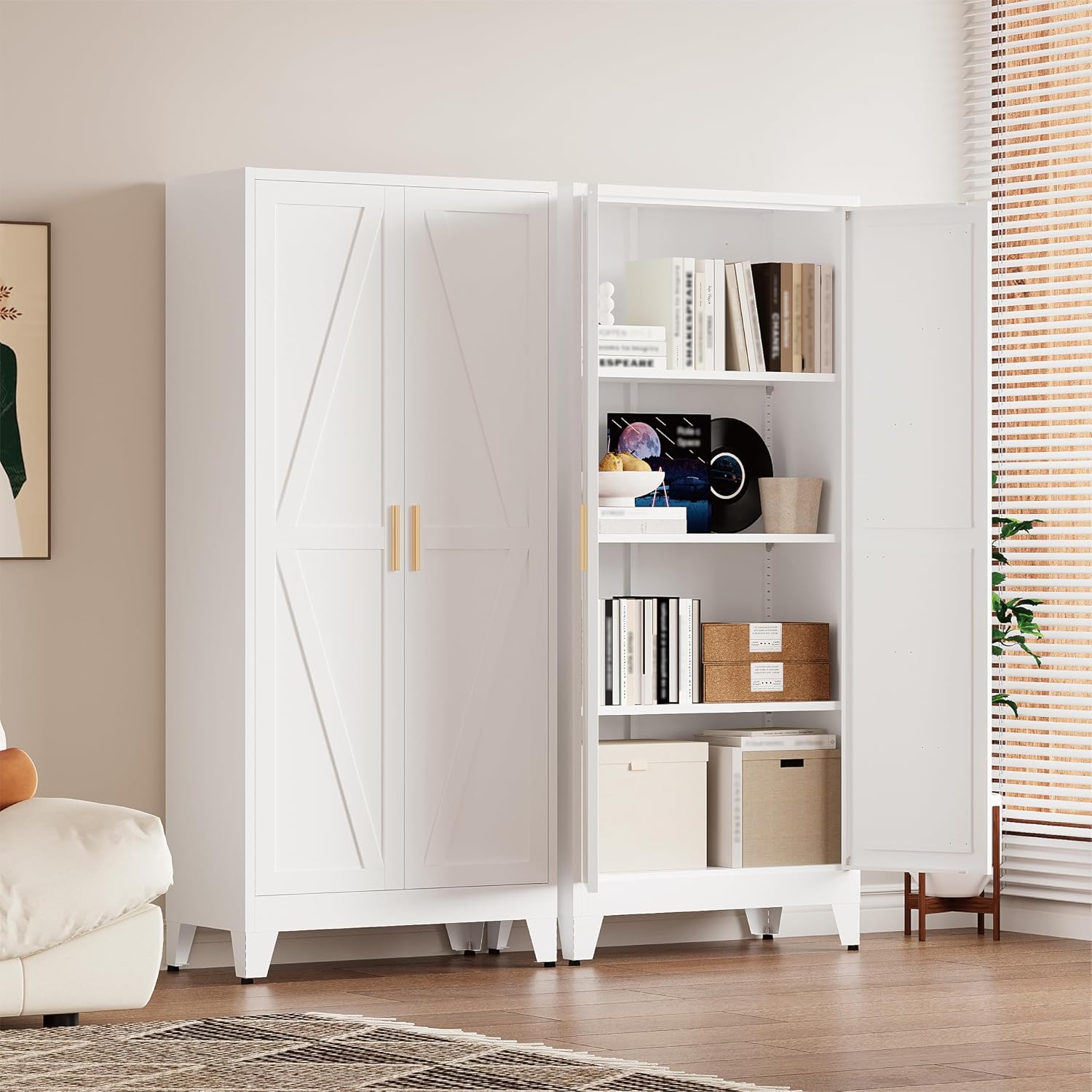 61' Tall Pantry Cabinet, White Metal Pantry Storage Cabinet, Kitchen Pantry Storage Cabinets with 2 Door and 3 Adjustable Shelves (White, 61' H)