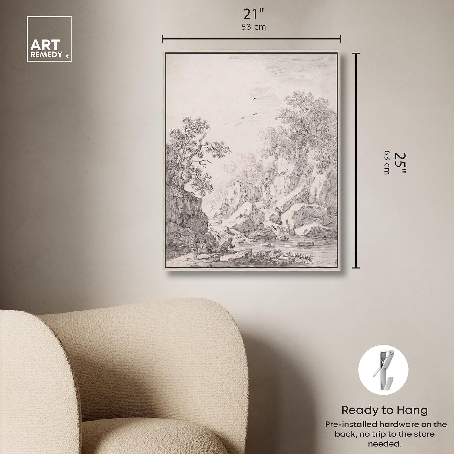 Art Remedy A Waterfall by Rock Cliffs 1750s Canvas Classic Sketches, Silver Frame, 20' x 24'