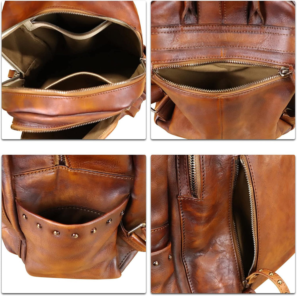 Genuine Leather Backpack Purse for Women Vintage Casual Daypack College Bag Handmade Cowhide Western Rivets Rucksack (Brown)