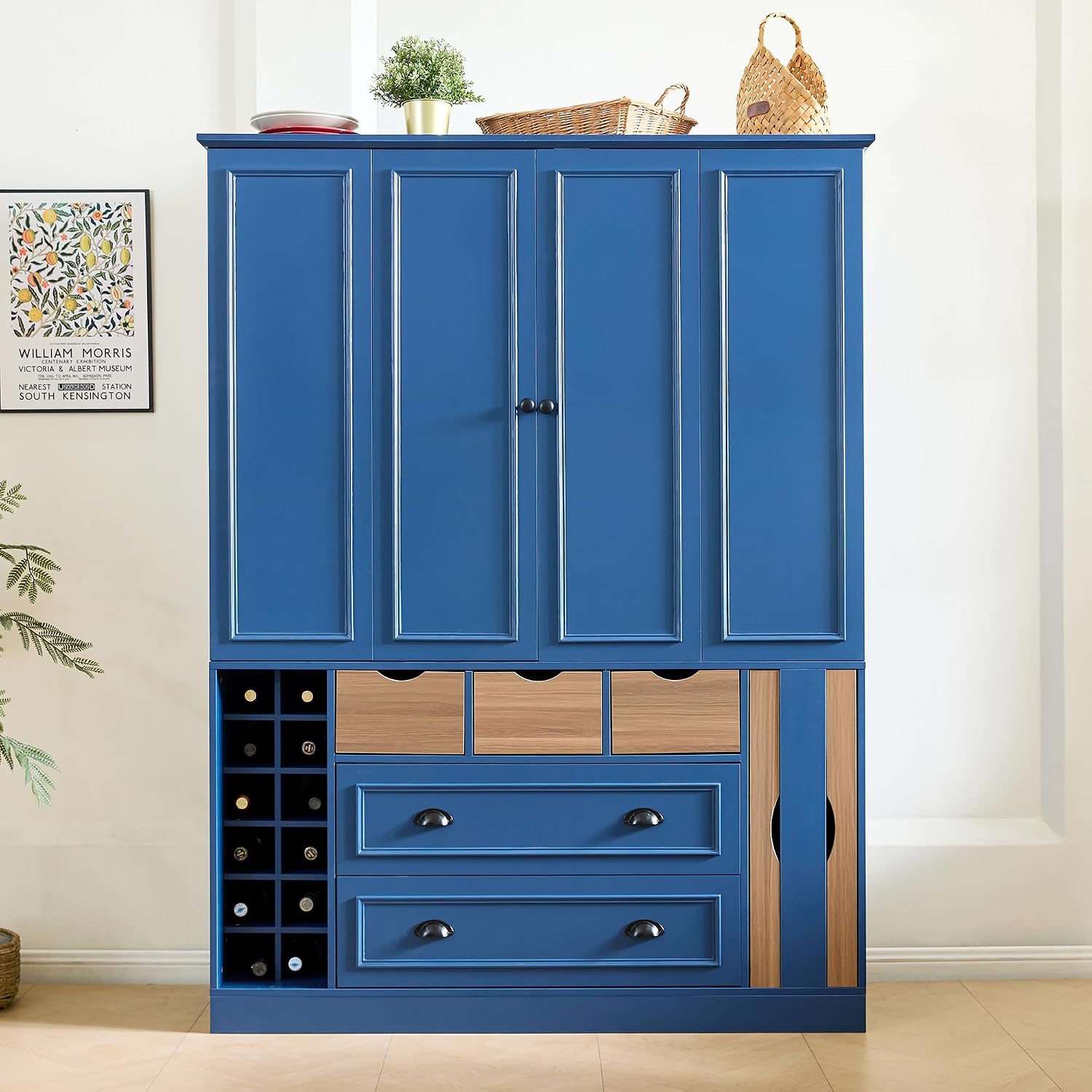 Farmhouse 71''H Large Kitchen Pantry, 53.2''Lx17.7''W Wood Dining Storage Cabinet Cupboard with 4 Foldable Doors, Power Outlet, Shelves, Wine Racks and Serving Trays (Blue-Fold D)