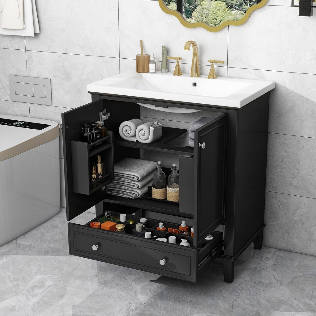 Flieks 30' Bathroom Vanity with Sink Combo, Multi-Functional Bathroom Cabinet with Doors and Drawer, Solid Frame and MDF Board, Black