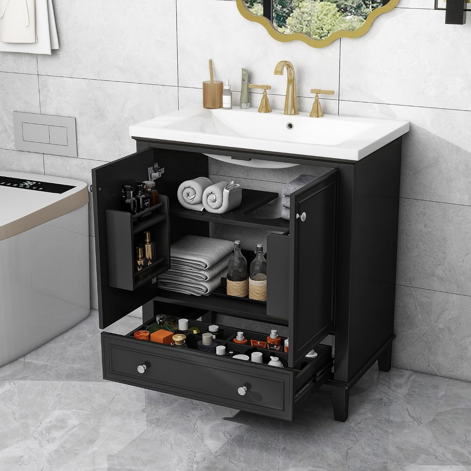 Flieks 30' Bathroom Vanity with Sink Combo, Multi-Functional Bathroom Cabinet with Doors and Drawer, Solid Frame and MDF Board, Black