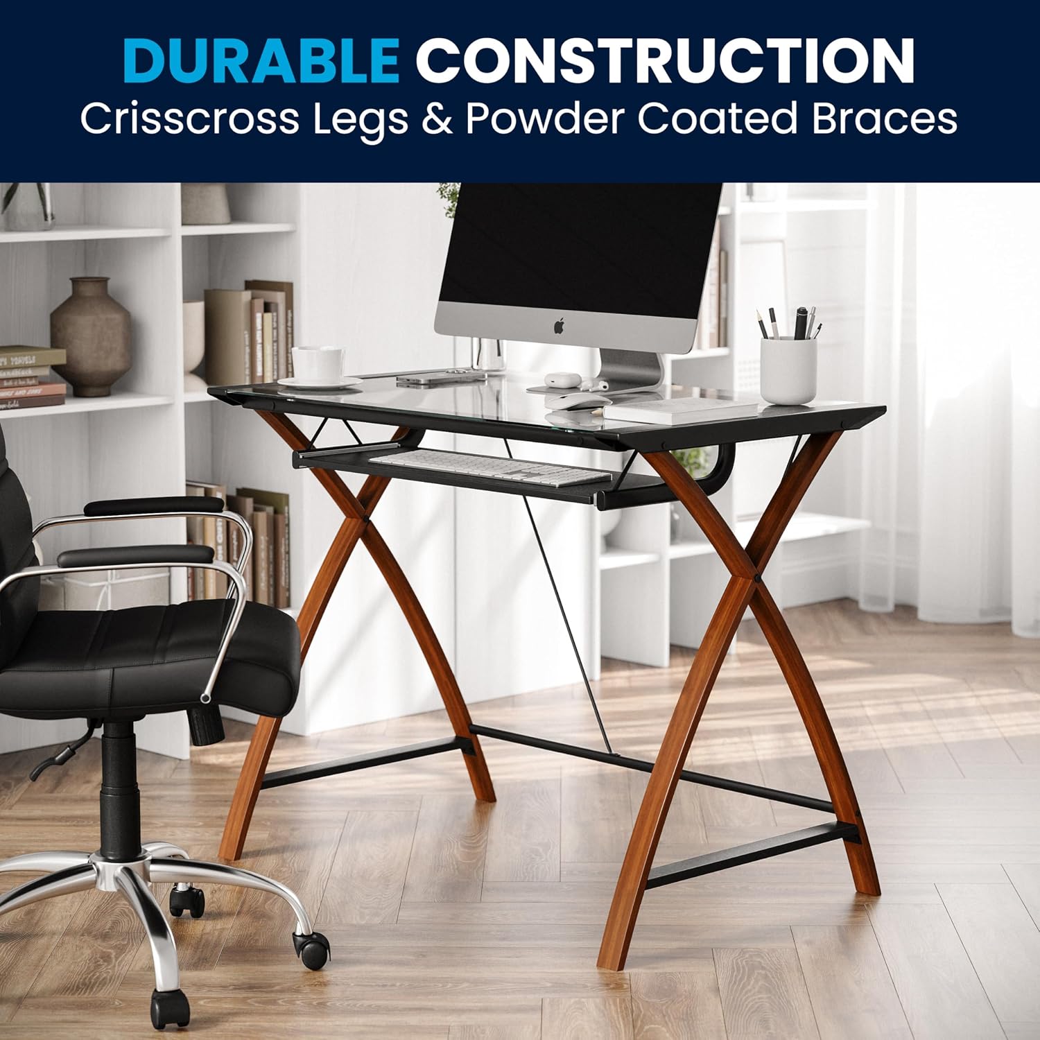 Flash Furniture Jude Tempered Glass Computer Desk with Pull-Out Keyboard Tray and Crisscross Frame, Small Computer Desk for Home Office, Cherry/Clear