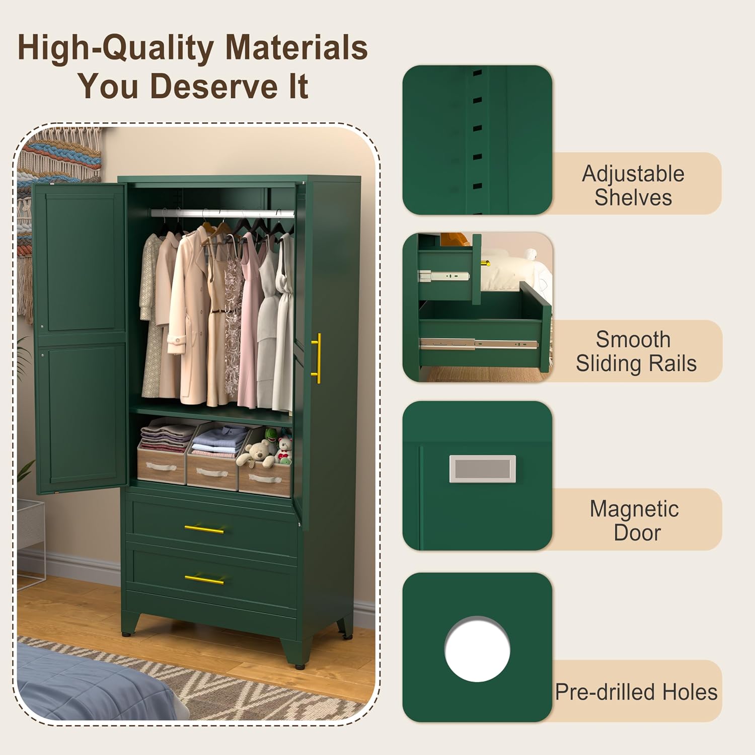 Metal Armoire Wardrobe Closet Storage Cabinet with Hanging Rod,71'' Metal Wardrobe Cabinet with 2 Drawers and Adjustable Shelf,2 Doors for Bedroom, Laundry Room, Cloak Room